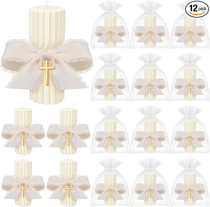 Conelist 12 Set Baptism Candle Cirios Pascual Catolico Catholic First Communion Candles with Bows and Crosses Church Praye...