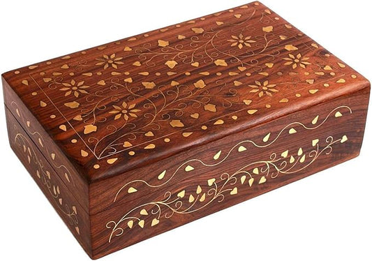 Ajuny Hand Carved Wooden Decorative Jewelry Storage Box with Floral Carvings Design Brass Inlay Keepsake Travel Treasure C...