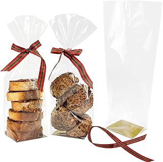 EKAPACKAGING 25 Pcs 3.2x2.5x12in Flat Bottom Cellophane Bags (6x12in Flat Size), Clear Party Favor Bags with Ribbons for T...