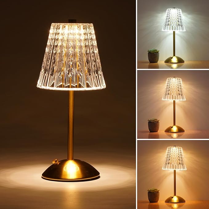 Nusogon Rechargeable Cordless Table Lamp, Touch Control Crystal Desk Lamp with 3500mAh Battery, 3 Color Dimmable LED Small...