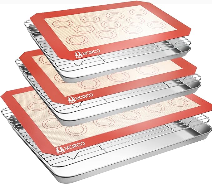 Stainless Steel Baking Sheet Tray Cooling Rack with Silicone Baking Mat Set, Cookie Pan with Cooling Rack, Set of 9 (3 She...