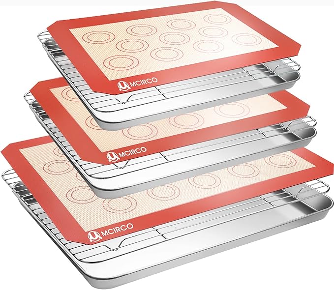 Stainless Steel Baking Sheet Tray Cooling Rack with Silicone Baking Mat Set, Cookie Pan with Cooling Rack, Set of 9 (3 She...