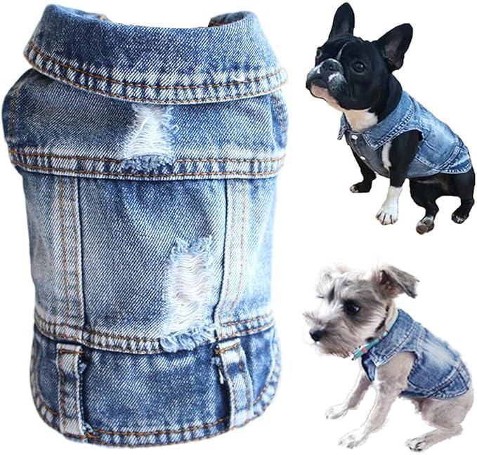 Jean Jacket, Blue Denim Lapel Vest Coat Costume, Dog & Cat T-Shirt Clothes, Cool & Funny Apparel Outfits, Machine Washable...