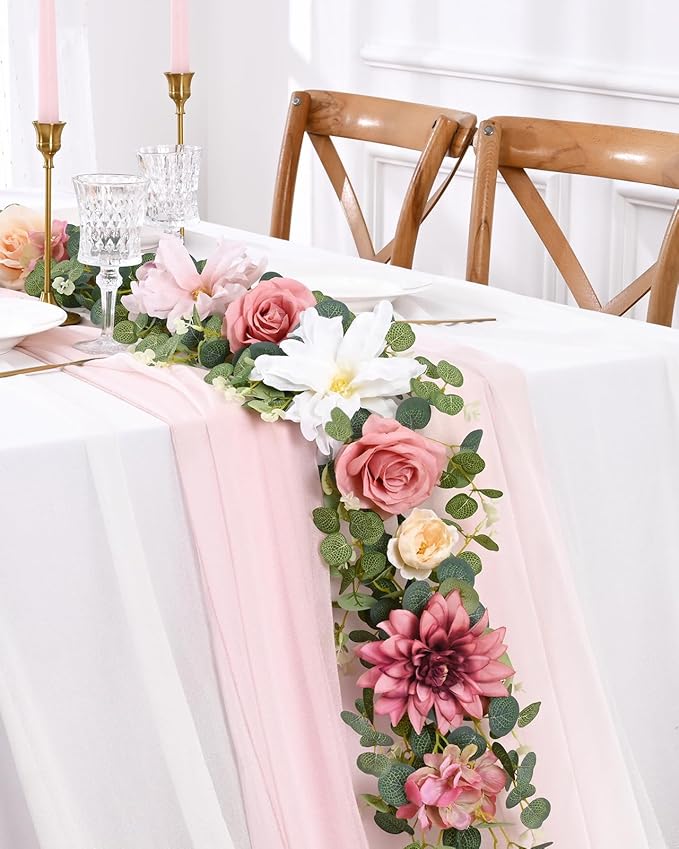 Waipfaru Flower Garland Decorations, 6.07Ft Pink Floral Rose Garland, Artificial Eucalyptus Greenery Vines with Flowers fo...
