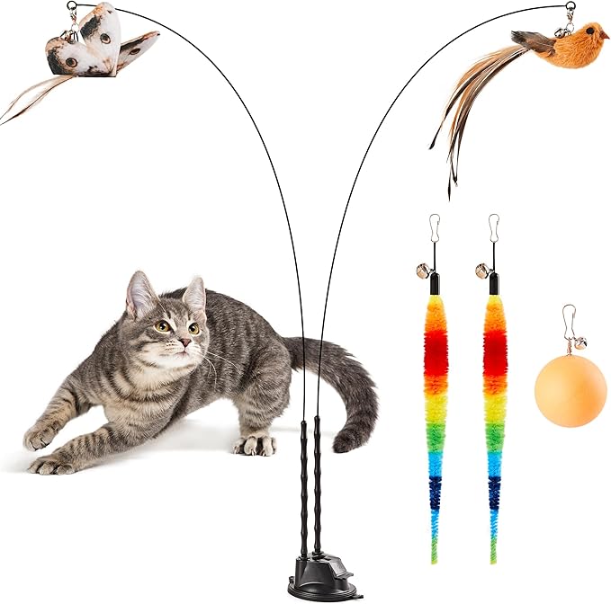 Potaroma Suction Cup Cat Wand Toys, Dual-Wand Interactive Kitten Toy for Indoor Cats with 5 Pcs Feathers Balls Attachment...