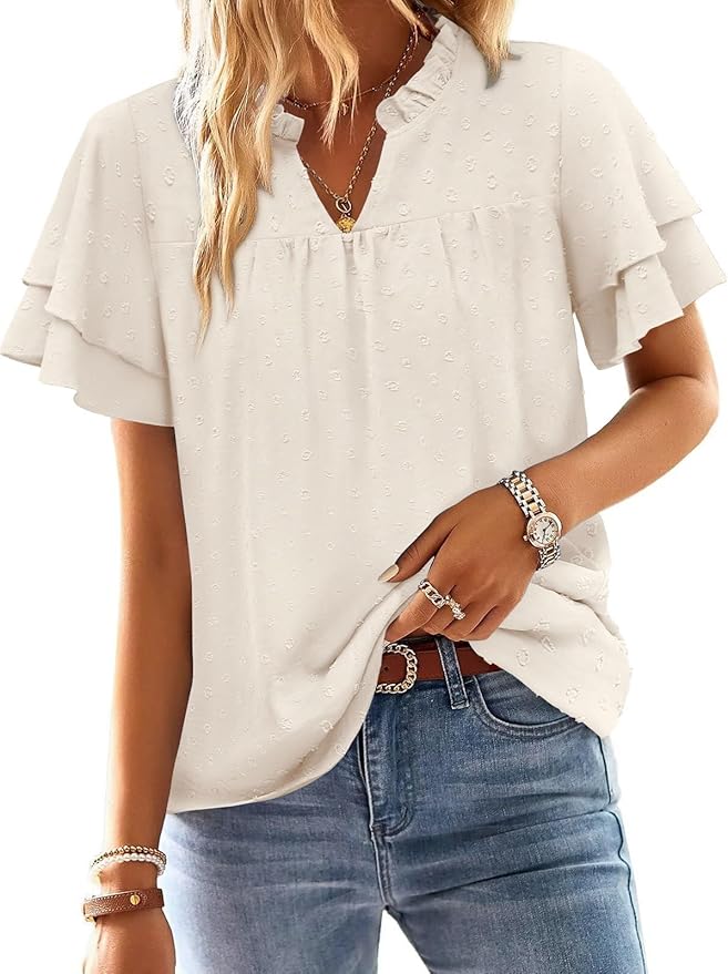 Womens Summer Tops Trendy Blouses Dressy Casual Flowy Swiss Dot Ruffle Short Sleeve Shirts