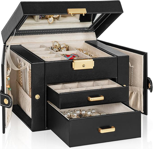 TORIBIO Jewelry Box for Women, Leather Jewelry Organizer with Mirror & Lock, 3-Tier Jewelry Storage Organizer with 2 Drawe...
