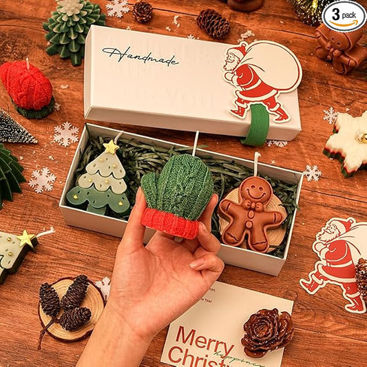 Christmas Candle Gift Set, 3-Pack Decorative Soy Candles, Wood Tray, Holiday Decor with Tree, Gingerbread, Mittens