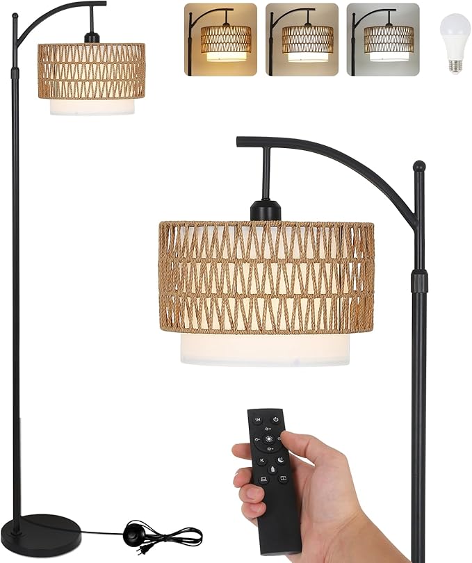 Arc Floor Lamp for Living Room with 3 Color Temperatures, Farmhouse Floor Lamps with Remote & Dimmable Bulb, Boho Standing...
