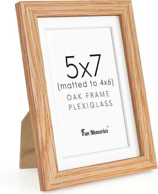 Fun Memories 5x7 Picture Frame, Solid Oak Wood 5 x 7 Frame with Plexiglass, 5 by 7 Photo Frame for Wall & Tabletop Displa...