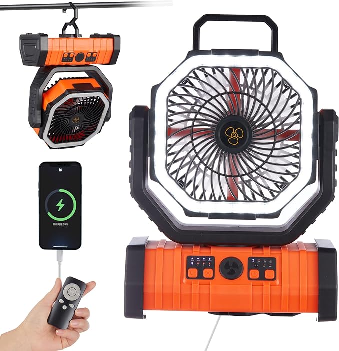 Rechargeable Fan,Operated Camping Battery Powered Fan with Hook&Bright LED Light,Remote Control Timer Auto Oscillation Cor...