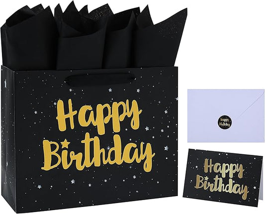 13" Large Black Gift Bag Set with Greeting Card and Tissue Papers (Stars and Gold Foil ‘Happy Birthday’) for Men's or Wome...
