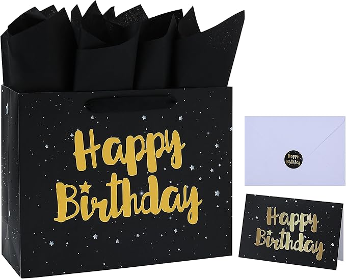 13" Large Black Gift Bag Set with Greeting Card and Tissue Papers (Stars and Gold Foil ‘Happy Birthday’) for Men's or Wome...