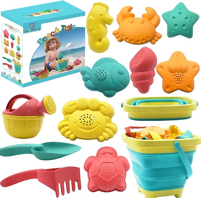 Beach Toys for Kids - Sand Toys Set Includes Collapsible Sand Bucket Shovel and Sand Rake Toy for Beach 12 PCS, Sandbox To...