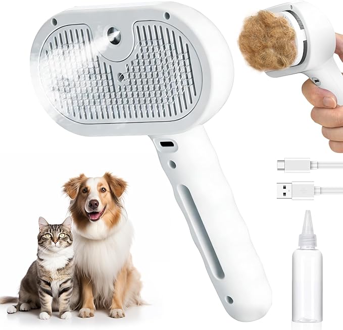 Pet Steam Deshedding Brush for Dogs & Cats – 3-in-1 Self-Cleaning Grooming Comb, Anti-Static Cool Mist Spray, USB Recharge...