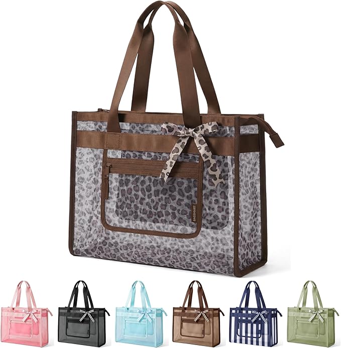 BAGSMART Mesh Beach Bag with Zipper Pocket, Large Beach Tote Bags for Women | for 40 oz Bottle, Removable Ribbon Bow, Sand...
