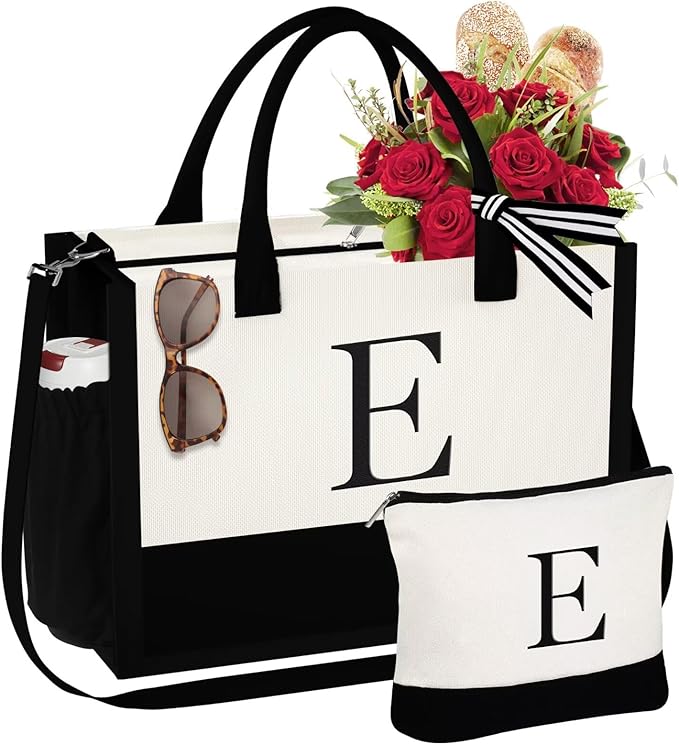 YOOLIFE Mothers Day Gifts - Initial Canvas Tote Bag & Makeup Bag, Birthday Gifts for Women Mom Sister Friends