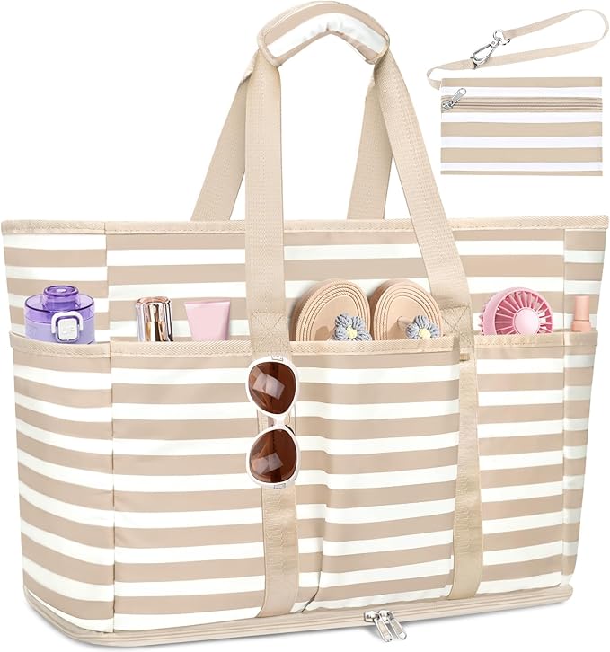 TEUEN Large Beach Bag with Zipper, 12 Pockets Waterproof Sandproof Pool Bag Womens Mesh Beach Tote Bag for Travel Vacation