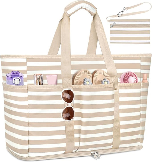 TEUEN Large Beach Bag with Zipper, 12 Pockets Waterproof Sandproof Pool Bag Womens Mesh Beach Tote Bag for Travel Vacation