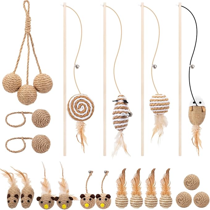 Leitee 20pcs Cat Interactive Toys Set Wooden Cats Teaser Wand Toy with Feather Handle Chew Rope Mouse Sisal Balls with Bel...