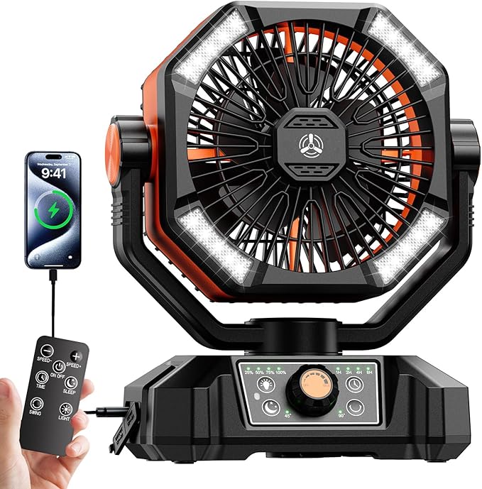 Skytoo Camping Fan, 20000mAh Battery Powered Fan with LED Lantern, Rechargeable Battery Operated Oscillating with Remote H...