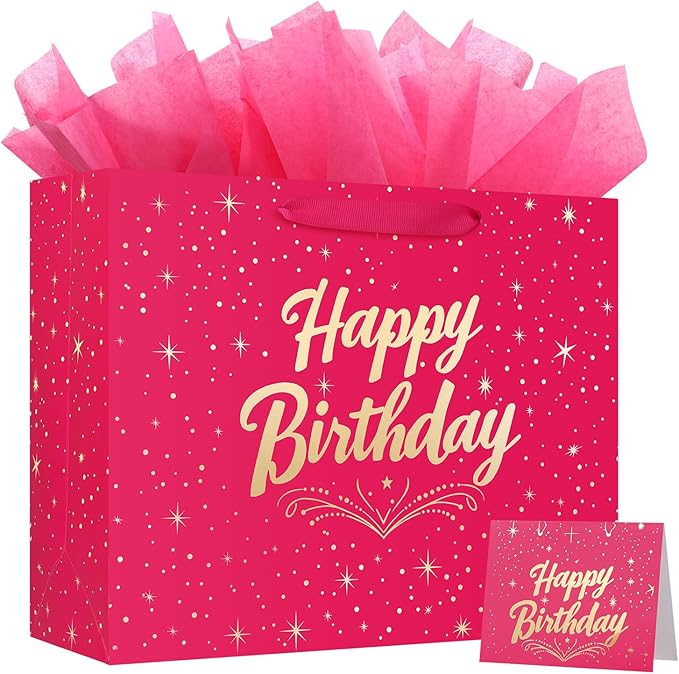 BeiLaad 13" Pink Happy Birthday Gift Bag with Greeting Card and Tissue Papers, Happy Birthday Bag for Women Girls Party, G...