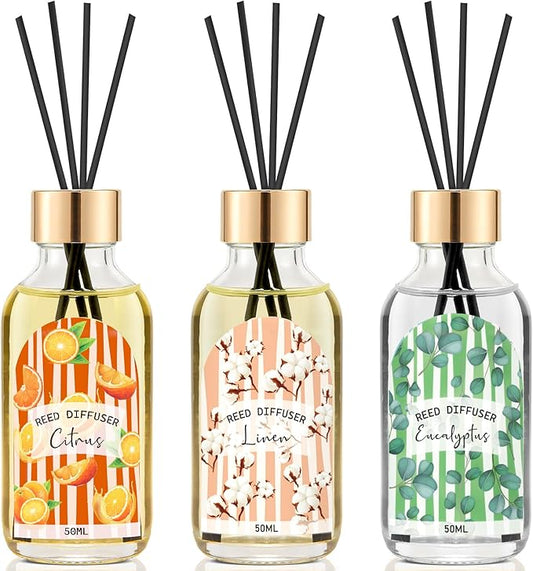 3 Pack Reed Diffuser Set, Linen Eucalyptus Citrus Scented Oil Reed Diffusers for Home, Bathroom, Office Decor, Aromatherap...