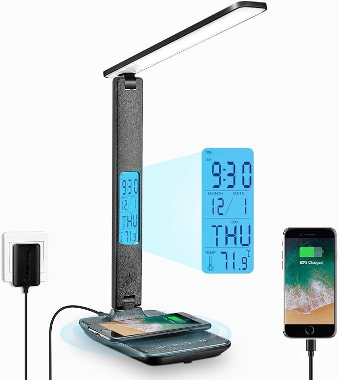 LAOPAO Desk Lamp with Wireless Charger: USB Charging Port, Table Lamp with Clock, Desk Lamps for Home Office College Dorm ...