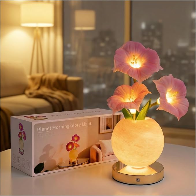 SXDLED Pink Morning Glory Lamp – Rechargeable Wireless Touch-Control Dimmable Faux Flower Desk Light, LED Glass Planet Vas...