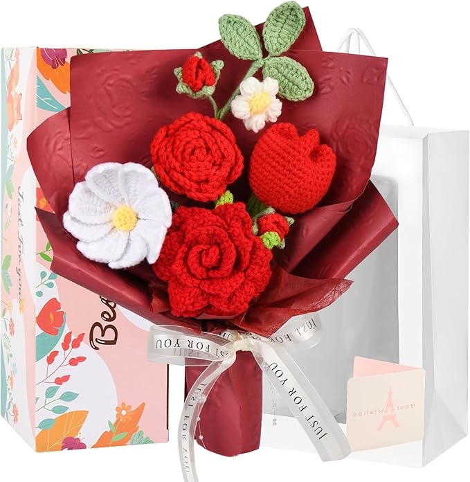 MengxFly Crochet Flower Bouquet Red Handmade Crochet Flowers, Romantic Gift for Her, Knitted Floral Bouquet with Gift Box ...