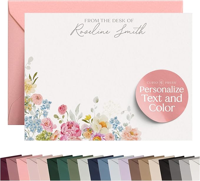 Personalized Stationery for Women, Floral Flat Card with Custom Note Cards Name, Watercolor Personalized Note Cards with E...