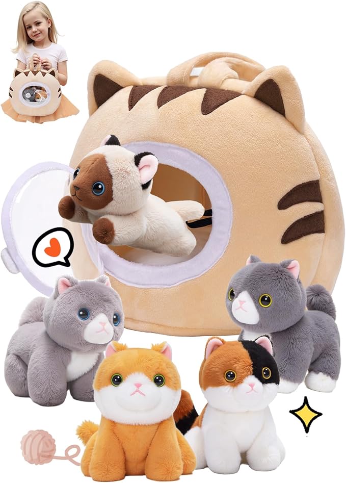 OUOZZZ Cat Stuffed Animal House – Plush Kitten Toy Set with 5 Soft Cats – Interactive & Travel-Friendly Kitties Carrier Pl...