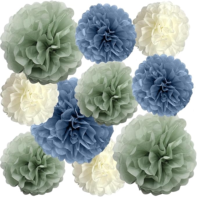 Sage-Green Dusty Blue Ivory Party-Decorations - 10-Pack Blue Green Boho Tissue Pom Poms Paper Flowers Wedding Centerpieces...