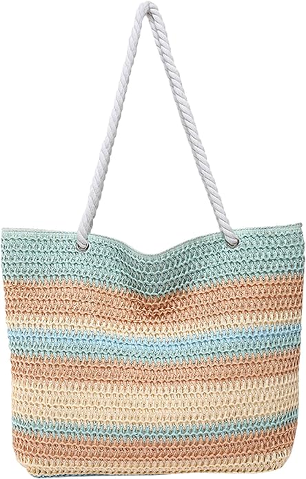 Andiker Rainbow Straw Bags for Women 2025, Lightweight Large Beach Bag with Zipper Summer Striped Straw Tote Bag for Women