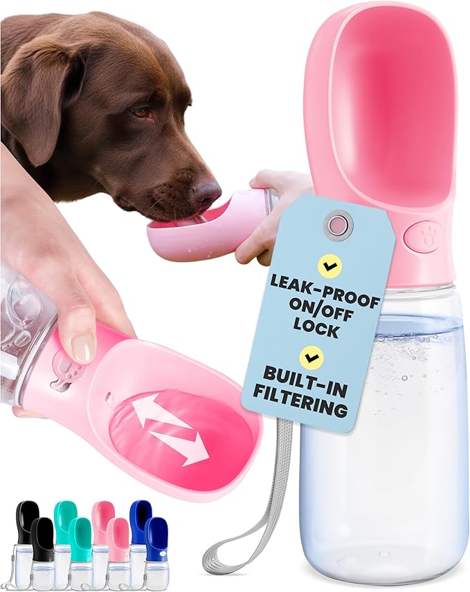 MalsiPree Leak-Proof Portable Dog Water Bottle for Travel - 19 oz, with Pink Bowl - Food Grade Plastic - Dog Bowls - Puppy...