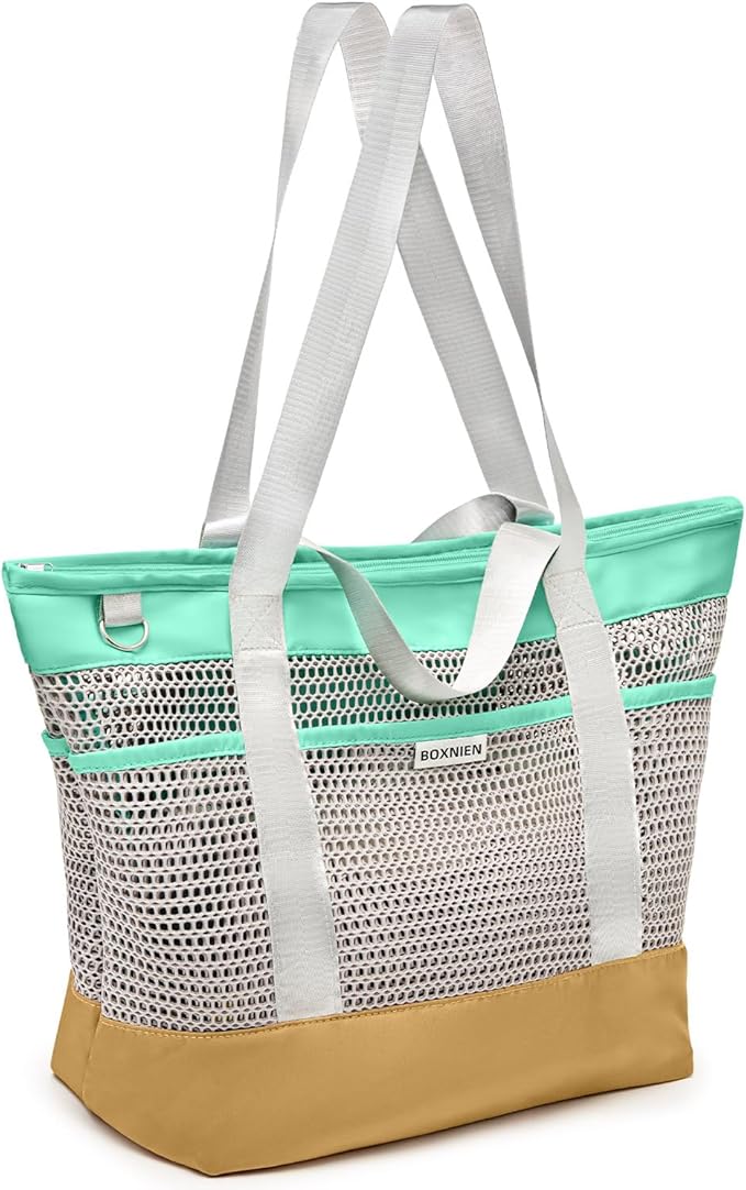 BOXNIEN Mesh Beach Bag for Women - Large Foldable Tote with Waterproof Sandproof Bottom plus Zippered Top and 7 Pockets Li...