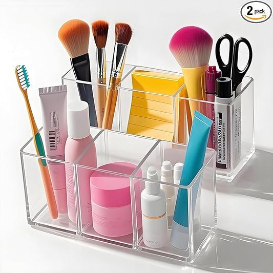 eieioo Acrylic Makeup Brush Holder, 2 Pack Clear Pencil Holder, Desk Accessories Holder with 3 Compartments, Brush Organiz...