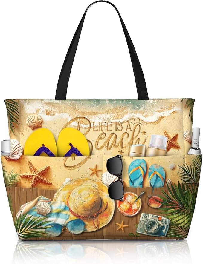 Amsnkee Large Waterproof Sandproof Beach Tote Bag for Women with Zipper & 7 Pockets, Lightweight Foldable Pool Swim Bag