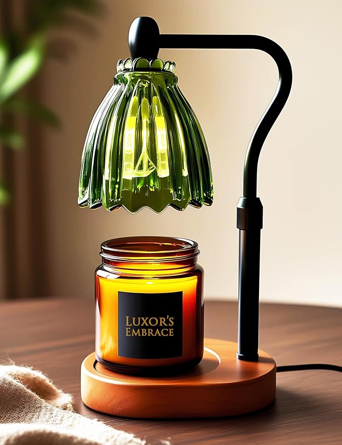 Green Boho Candle Warmer Lamp with Timer — Tiffany-Style Glass Shade, Dimmable Wax Warmer, Auto Shut-Off, Adjustable Heigh...