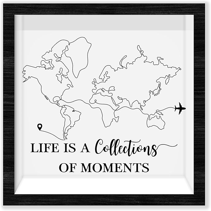Black Travel Shadow Box Frame with Slot, Life is A Collections of Moments Boxes Frames for Fund, 8x8 Memory Box for Keepsa...