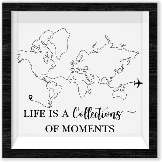 Black Travel Shadow Box Frame with Slot, Life is A Collections of Moments Boxes Frames for Fund, 8x8 Memory Box for Keepsa...