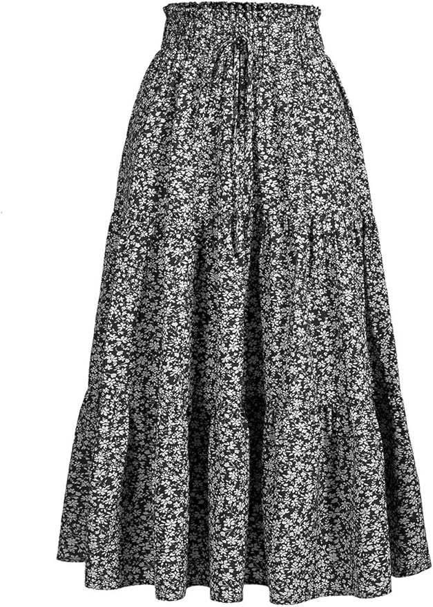MSLG Women's High Elastic Waist Midi Skirt Casual Summer Trendy Tie Front Flowy Ruffle Floral Print A line Skirts 626