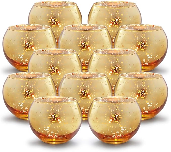 Volens Round Gold Votive Candle Holders, Mercury Glass Candle Holder Set of 12, Wedding Decorations for Table
