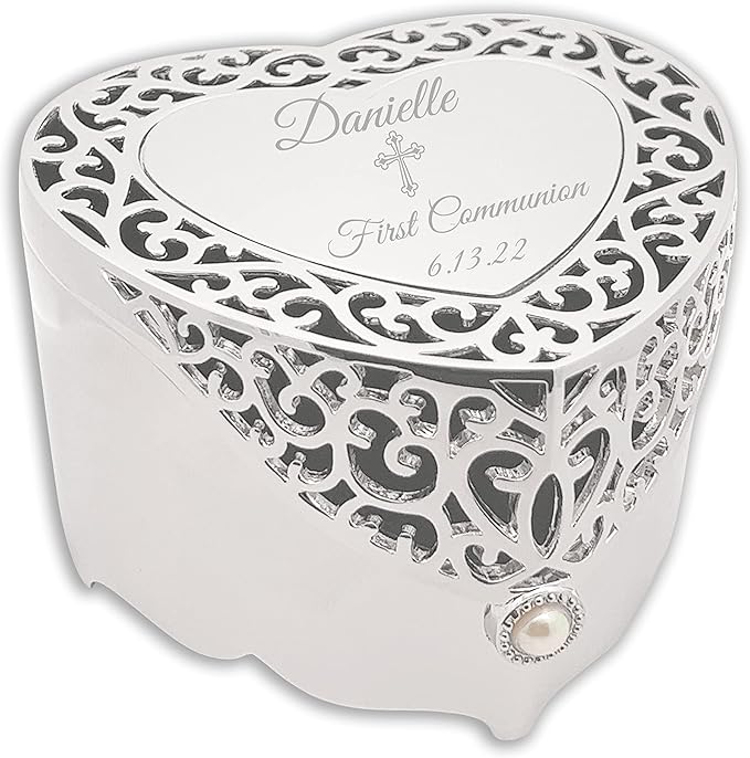 Cherished Moments Personalized First Communion Gift for Girls Filigree Heart Jewelry Keepsake Box with Custom Engraved Cro...