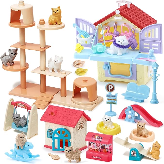 Golray 66Pcs Cat Toys for Kids Girls, 3 In 1 Pet Pretend Play Toys with 9 Cat Figurine/DIY Cat Tree/Beauty House/Playgroun...