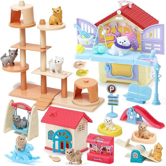 Golray 66Pcs Cat Toys for Kids Girls, 3 In 1 Pet Pretend Play Toys with 9 Cat Figurine/DIY Cat Tree/Beauty House/Playgroun...