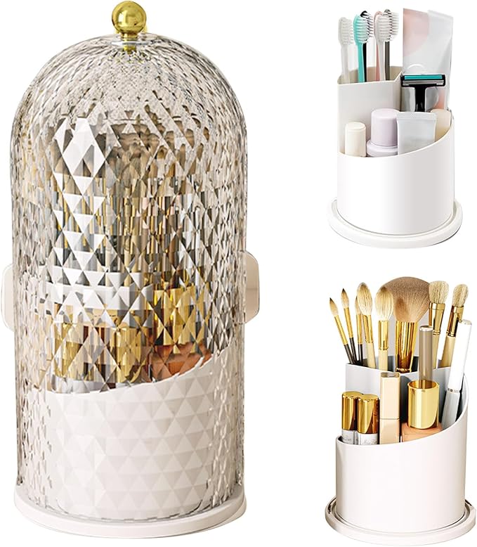 Concealed Toothbrush Holder, Makeup Brush Holder Organizer with Lid, 360 Swivel Cosmetic Brush Organizer, Waterproof and D...