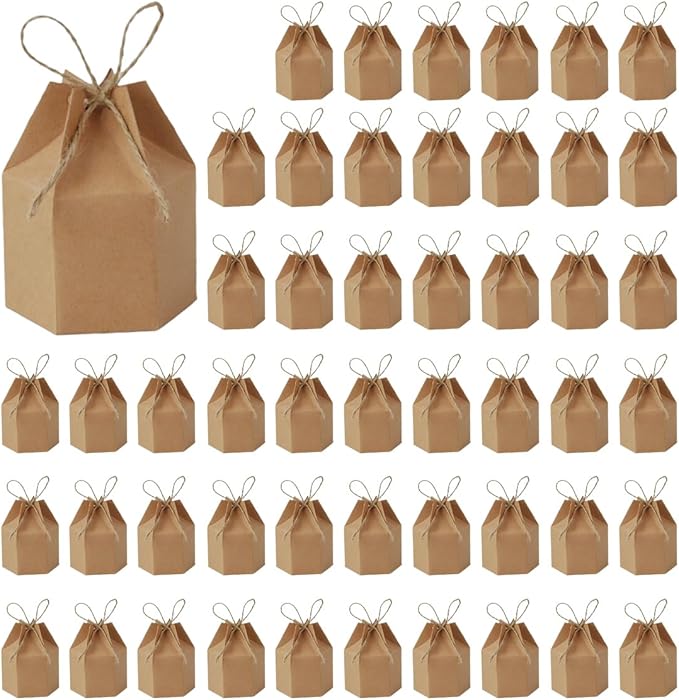 Odowalker 50 Pcs Lantern Hexagon Kraft Paper Package Box with Twine, Paper Candy Boxes, Gift Wrap Boxes for Birthday Weddi...