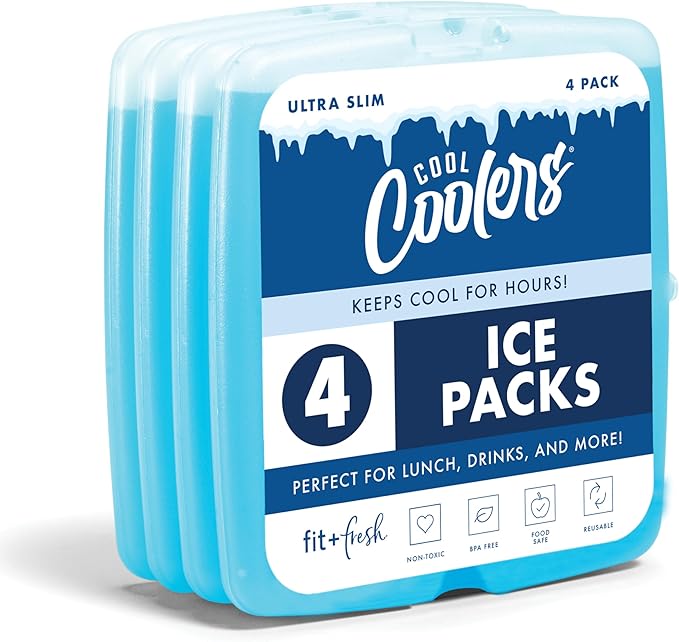 Cool Coolers By Fit & Fresh 4 Pack Slim Ice Packs, Quick Freeze Space Saving Reusable Ice Packs for Lunch Boxes or Cooler...