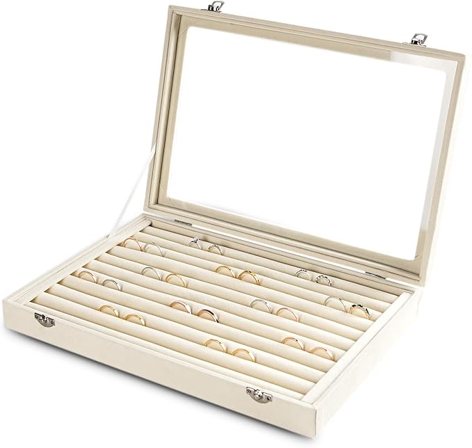 Frebeauty Rings/Earrings Organizer Tray with Clear Lid 10 Slots Velvet Drawer Insert Jewelry Storage box with Glass lid Je...